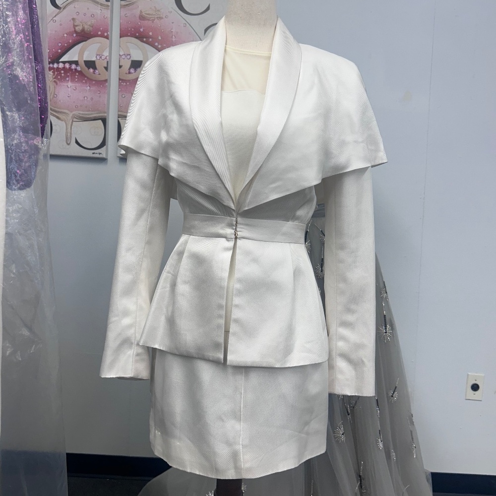 Brandon Maxwell white satin 3pc skirt suit Sz 2